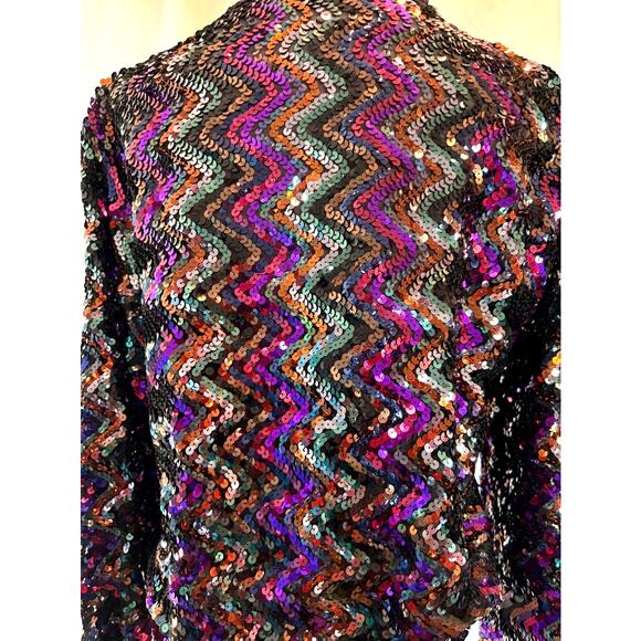 Vintage 80's Toppettes Full Sequined Pullover V-Neck Top Zig-Zag Pattern S - Picture 3 of 8